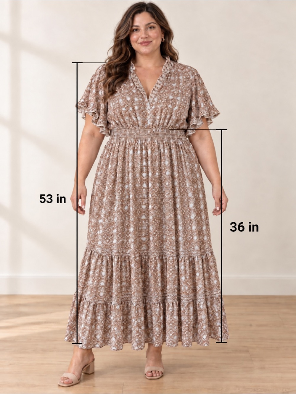 Max studio Plus Floral Tiered Maxi Dress in Taupe - Picture 2 of 6